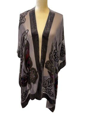 World Market Sheer Gray Butterfly Kimono Velvet Trim Wrap One Size